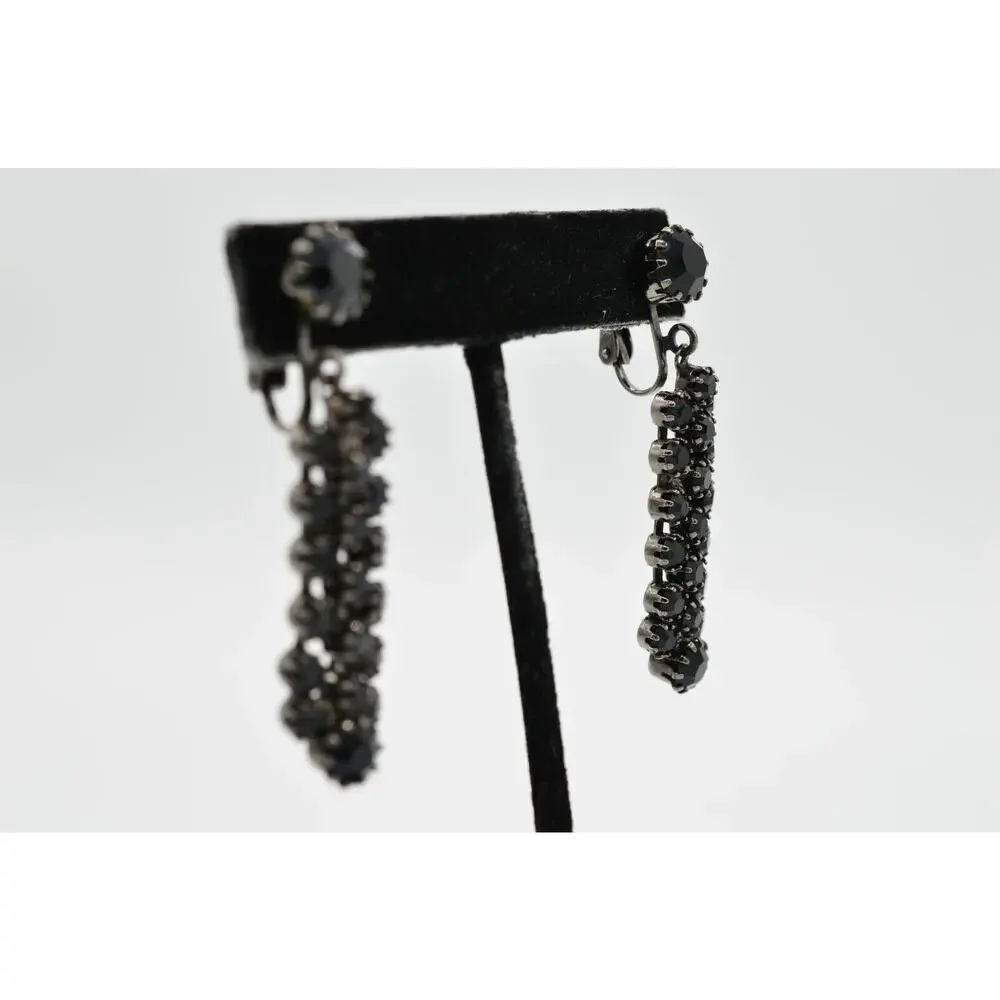 Vintage Statement Earrings Clip On Black Rhinestone Crystal Gunmetal Dangle 9H